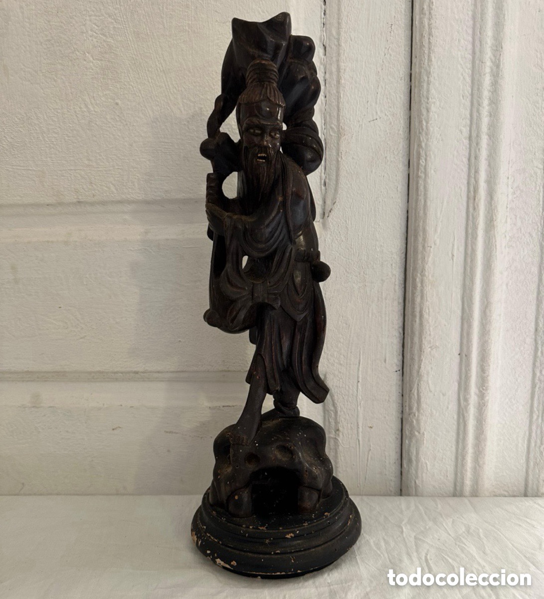 Arte: Escultura Oriental China Madera Tallada principios XX Inmortal Tao&iacute;sta 50 cm