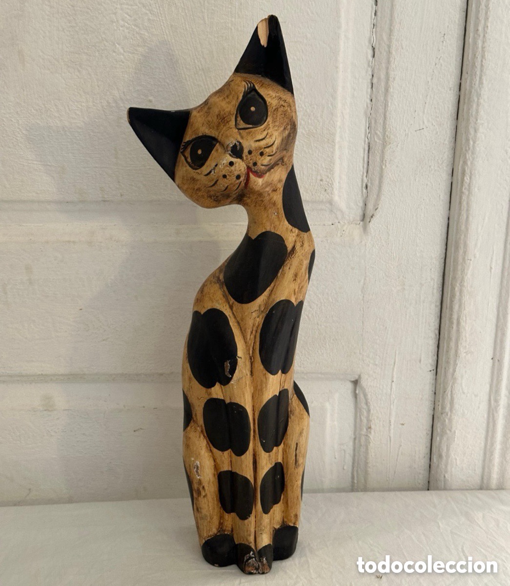 Arte: Gato Oriental Madera Tallada A&ntilde;os 70 90 Figura Artesanal Decorativa Hecha a Mano