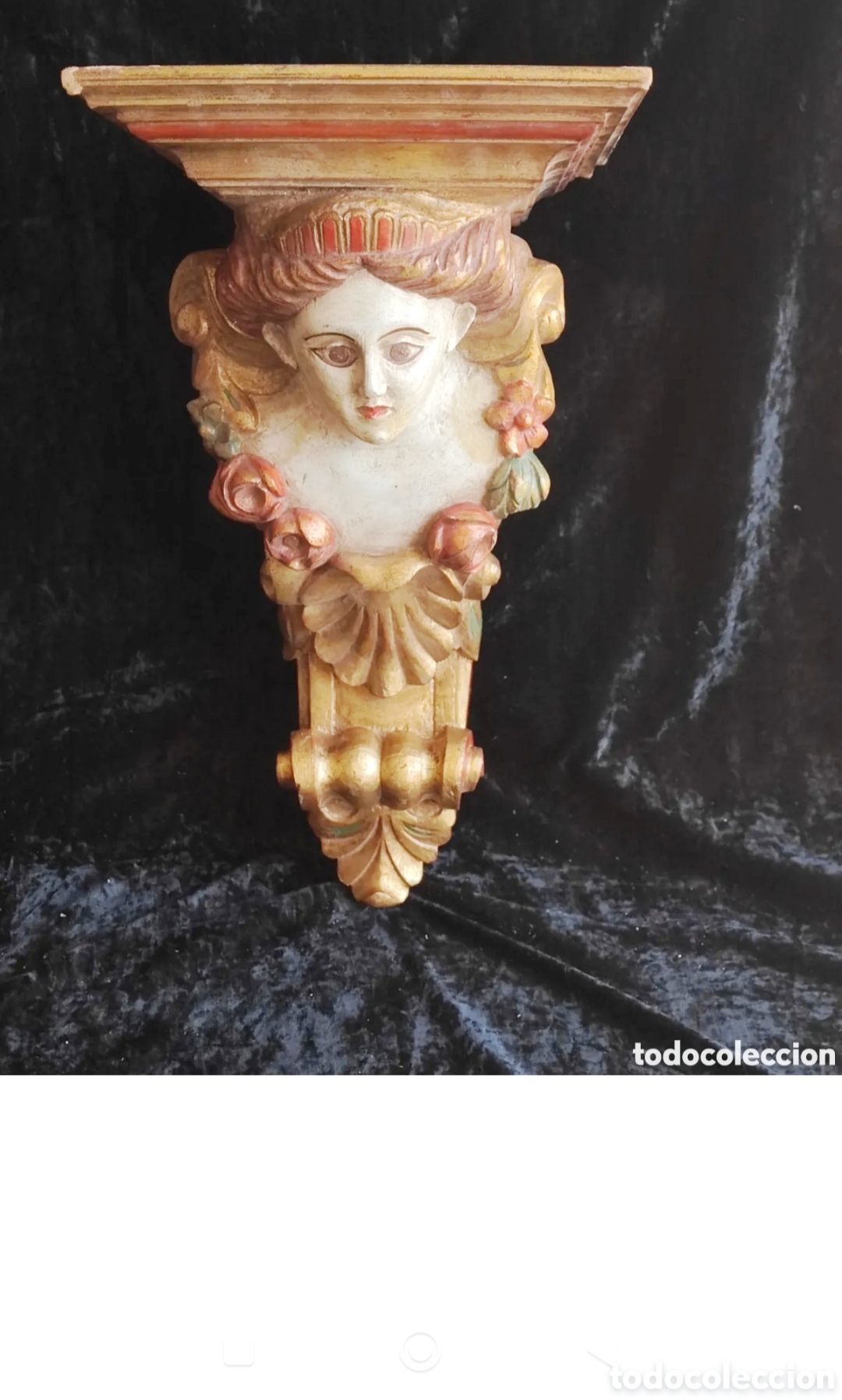 Arte: m&eacute;nsula barroca de madera tallada, policromada bonita peana de madera