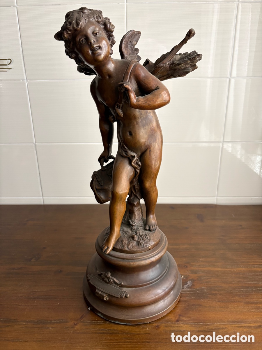 Arte: Escultura antigua de Cupido (Eros) en bronce macizo con peana &ndash; Estilo franc&eacute;s siglo XIX