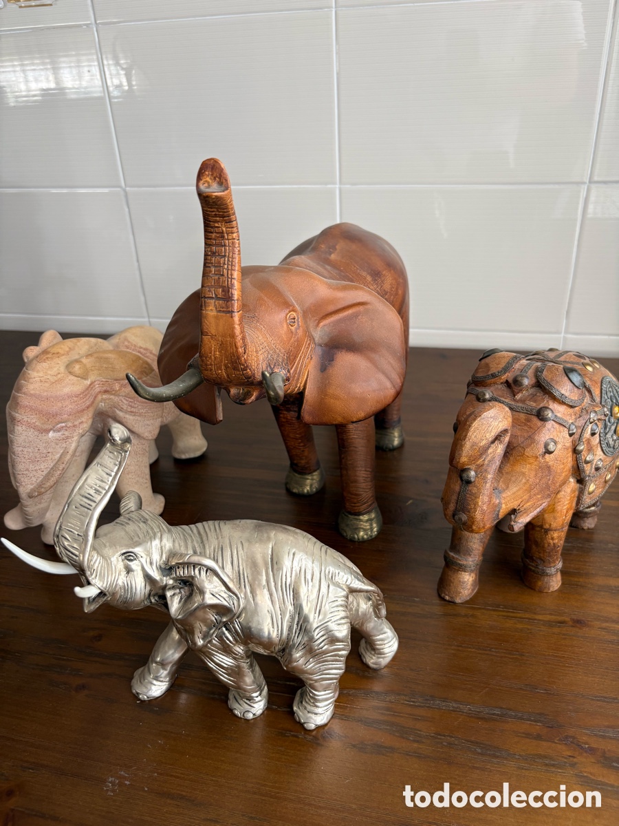 Arte: Lote de 4 elefantes decorativos de colecci&oacute;n &ndash; Madera, piedra y metal