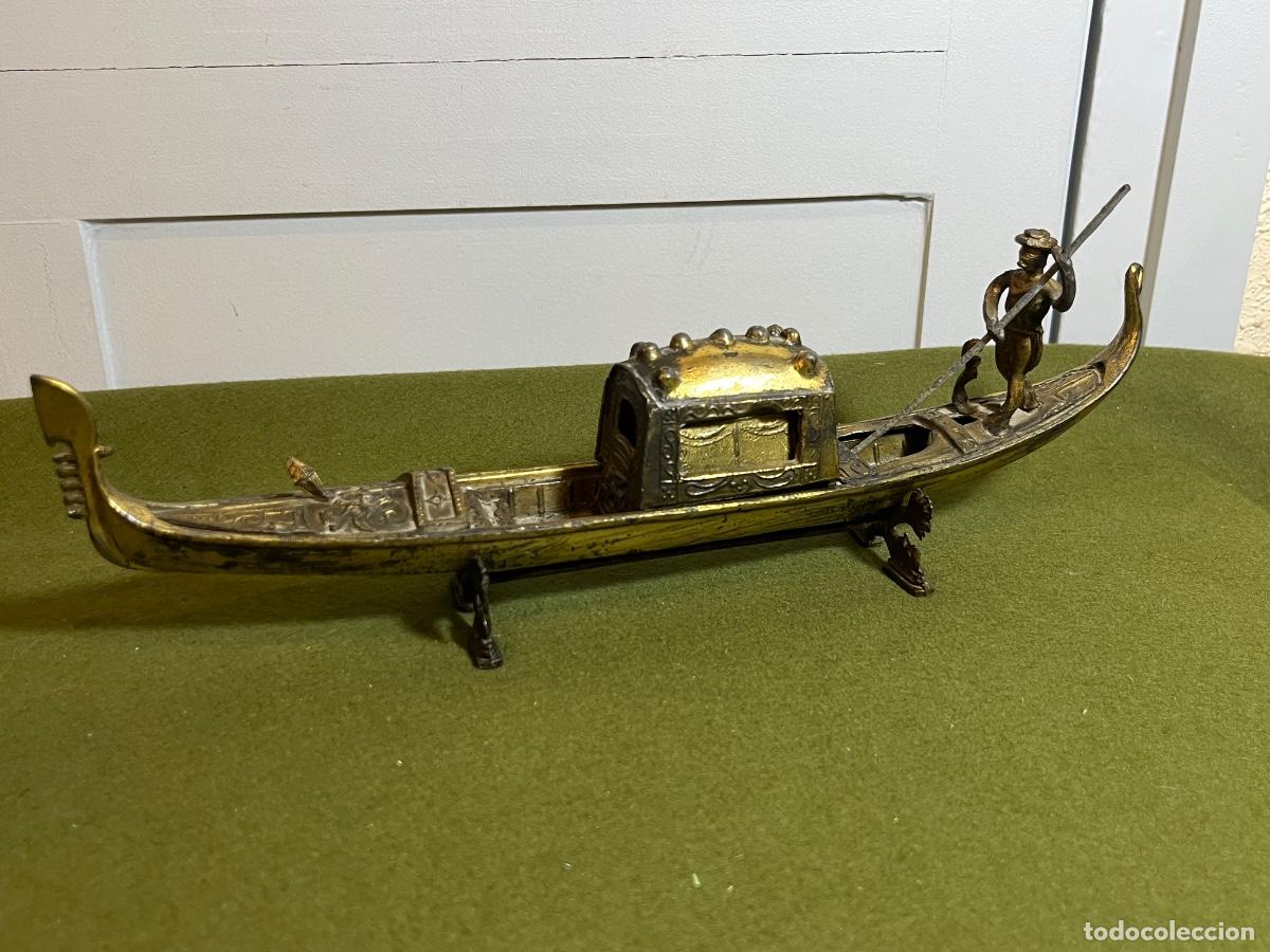 Art: Tintero Antiguo G&oacute;ndola Veneciana Bronce Patinado Escriban&iacute;a Vintage Italia con Gondolero