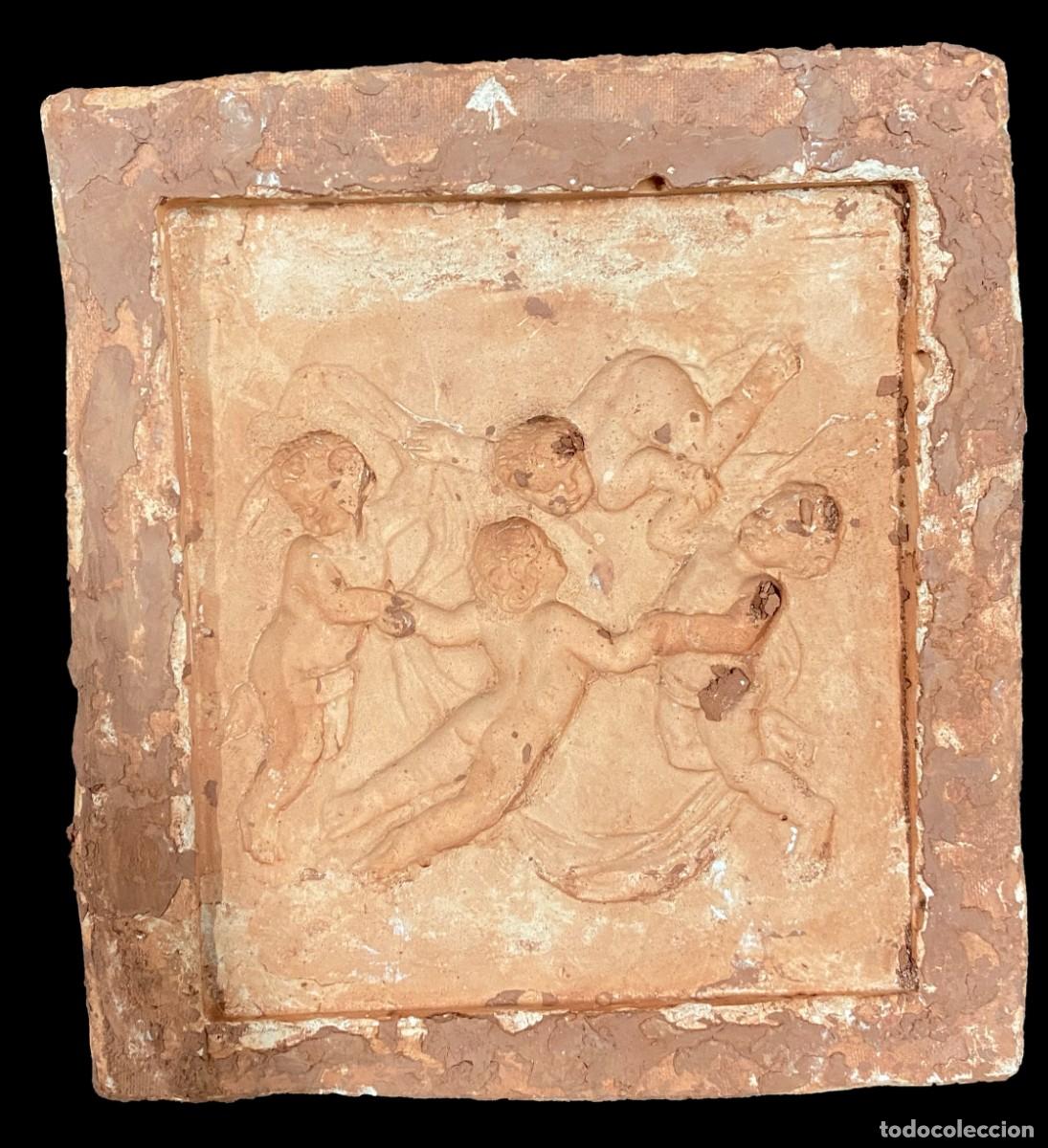 Arte: Antiguo molde de escayola para barro, terracota. &Aacute;ngeles de la guarda, putis, querubines. 21x19x3,5