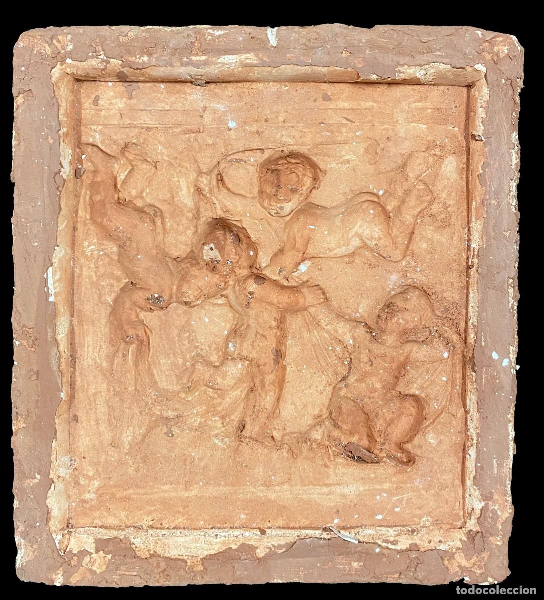 Arte: Antiguo molde de escayola para barro, terracota. &Aacute;ngeles de la guarda, putis, querubines. 21x19x3,5