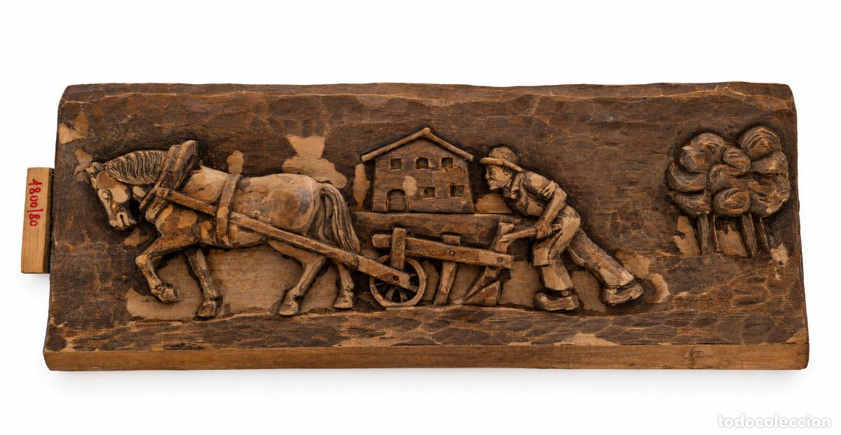 Arte: Escena Rural, Agr&iacute;cola - Relieve en Talla de Madera - A&ntilde;os 1950-70