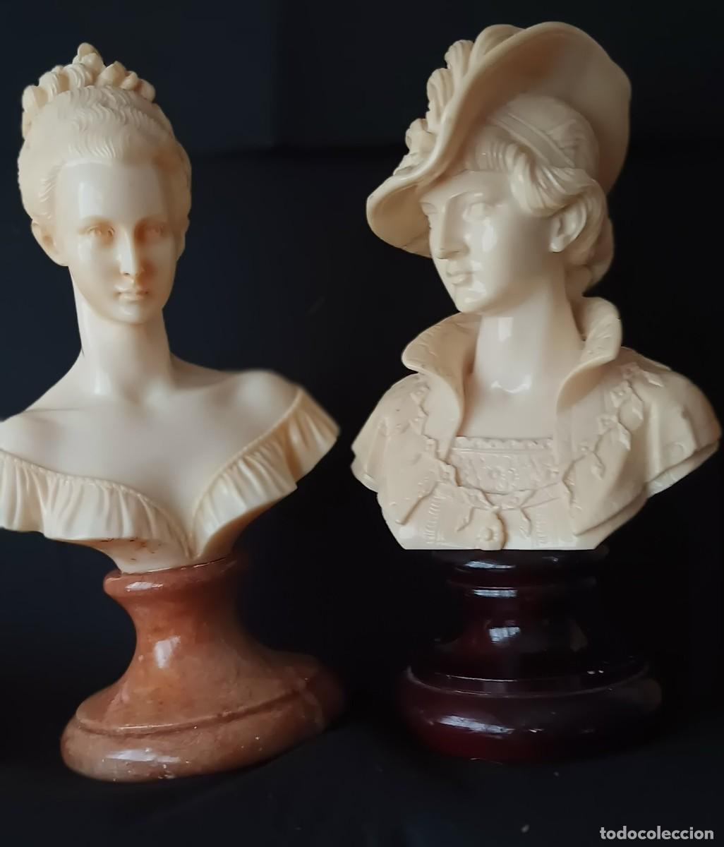 Arte: PAREJA DE BUSTOS DE MUJER DE POLVO DE ALABASTRO ESTILO BARROCO.