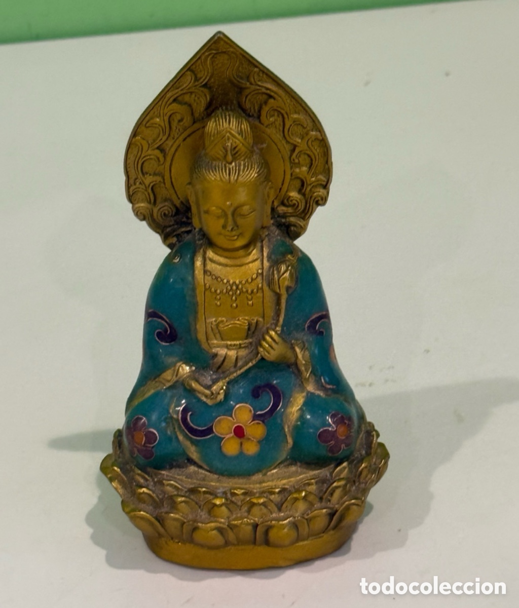 Arte: Antigua figura oriental en bronce cloisonn&eacute; esmaltado &ndash; Bodhisattva/Kuan Yin &ndash; 15 cm