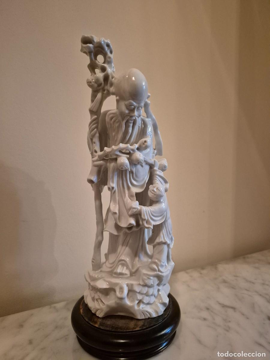 Arte: Figura de porcelana blanca Dios chino de la longevidad Shou Xing