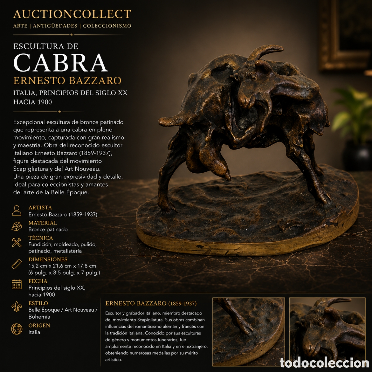Arte: Escultura de Cabra en Bronce Patinado &ndash; Ernesto Bazzaro &ndash; Italia &ndash; ca. 1900 &ndash; Art Nouveau