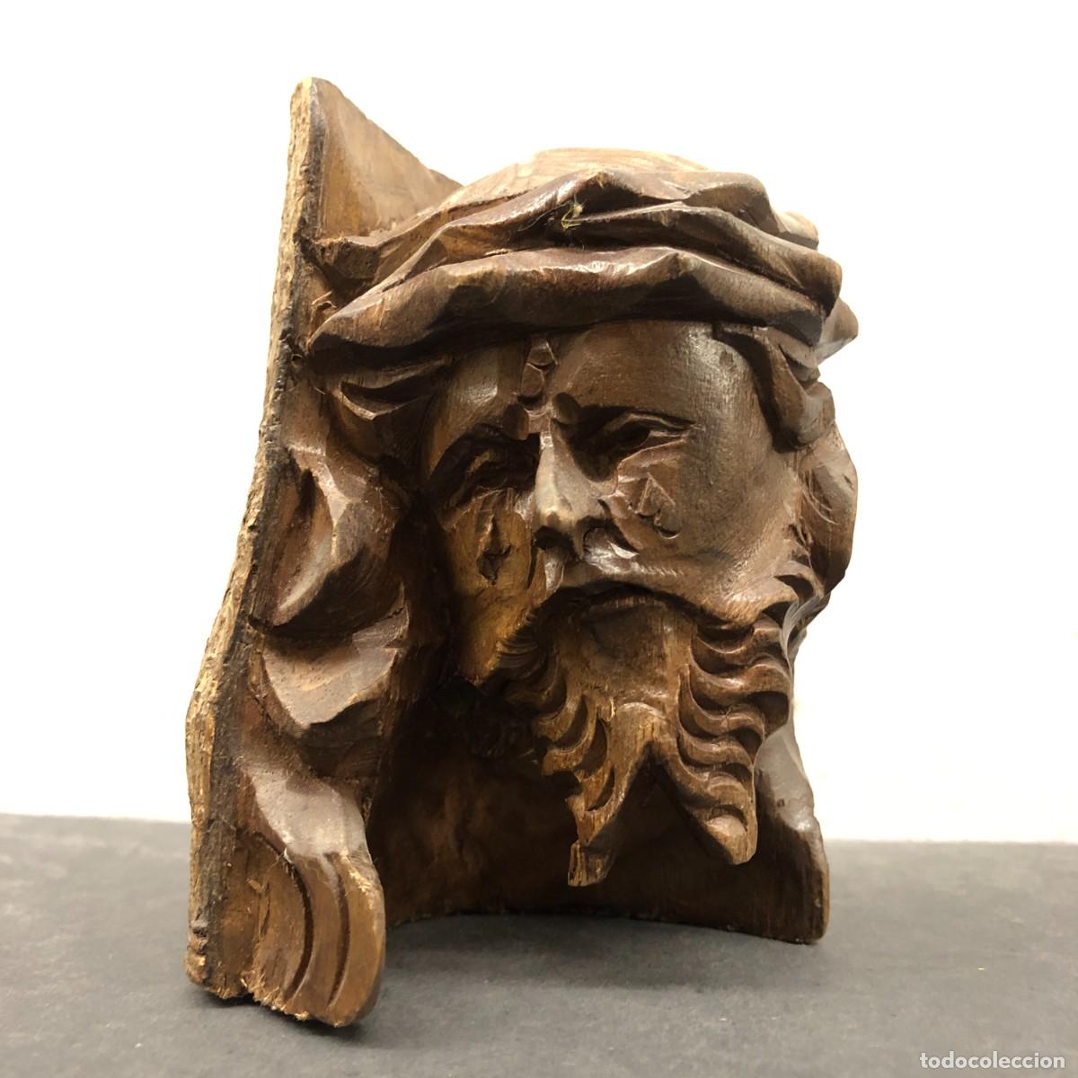 Arte: ROSTRO DE JESUCRISTO - TALLA EN MADERA - ARTE POPULAR RELIGIOSO - 11 X 8,5 X 7 CM / 1677
