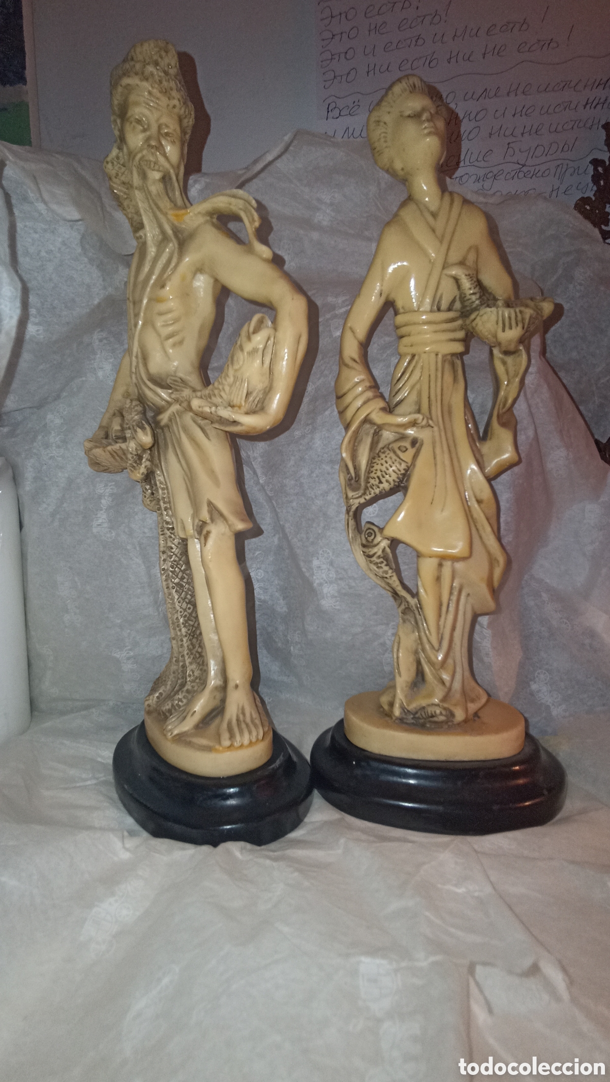 Arte: Pareja de Figuras Orientales Vintage &ndash; Pescador y Dama (32 cm)