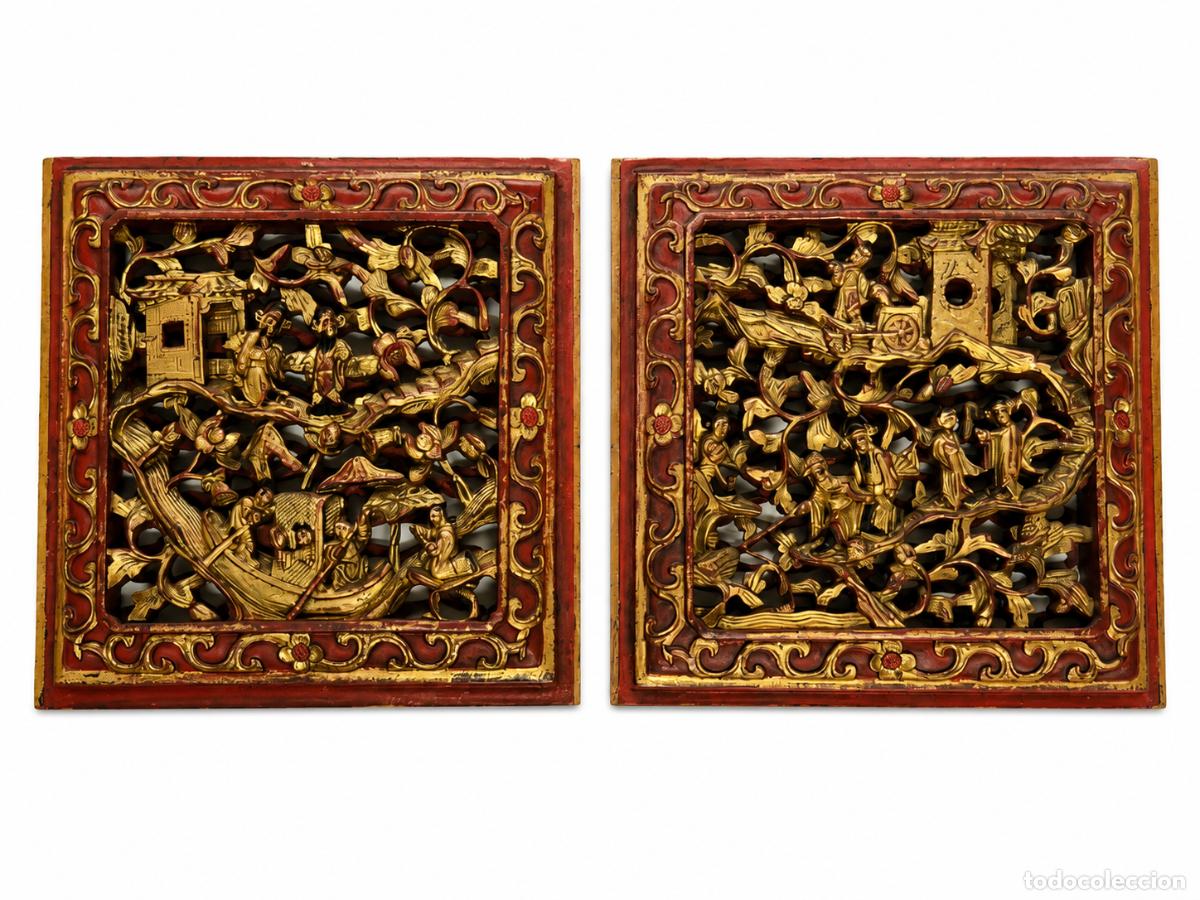 Arte: Paneles Arquitect&oacute;nicos Ornamentales, Dinast&iacute;a Qing, China - Madera Tallada, Calada y Dorada - S.XIX