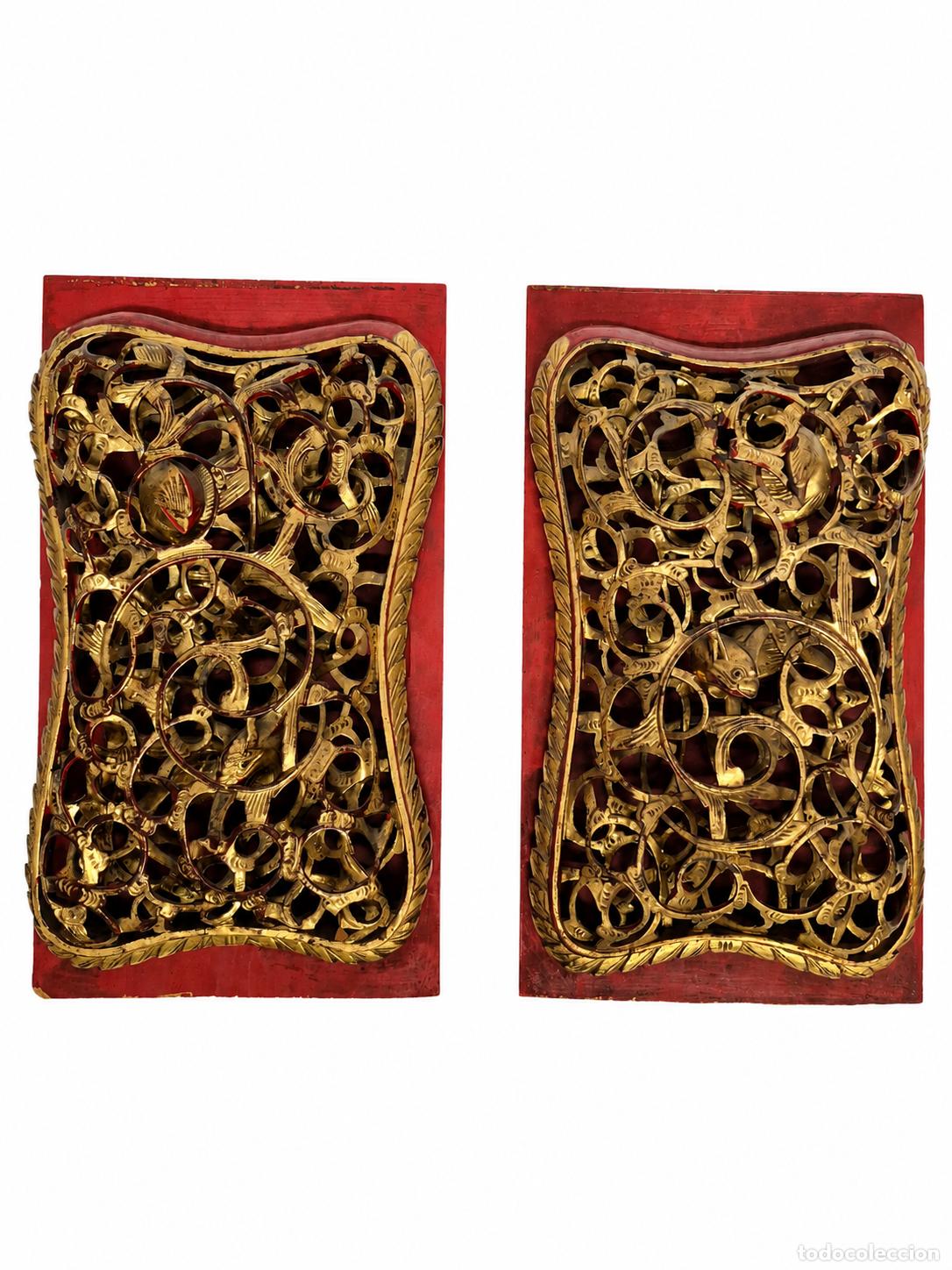 Arte: Pareja de Paneles, China Dinast&iacute;a Qing - Madera Tallada, Calada y Dorada - S.XIX - Artesan&iacute;a China