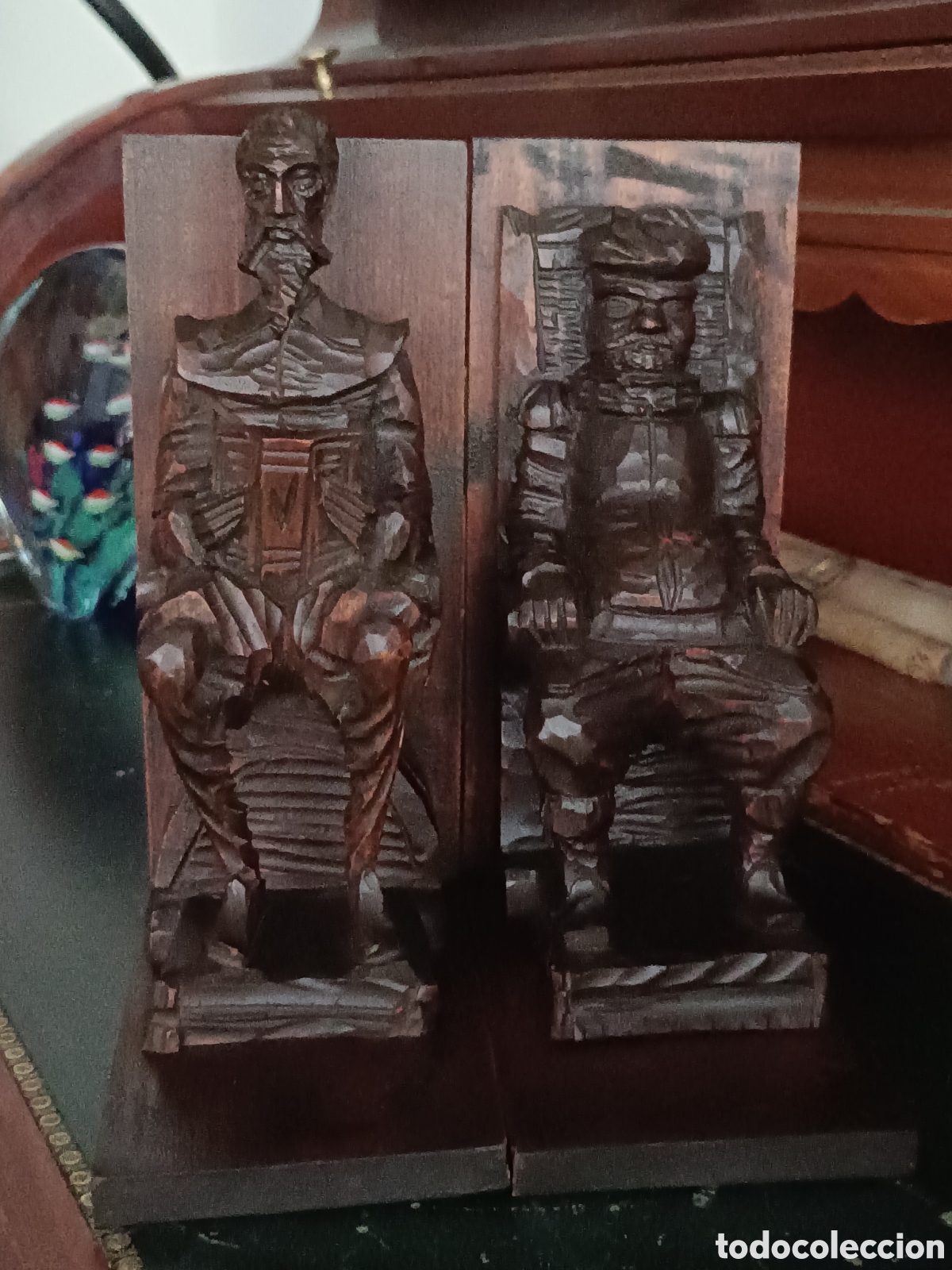 Arte: PAREJA DE SUJETALIBROS DE MADERA- DON QUIJOTE Y SANCHO PANZA. FIGURAS TALLADAS VINTAGE.