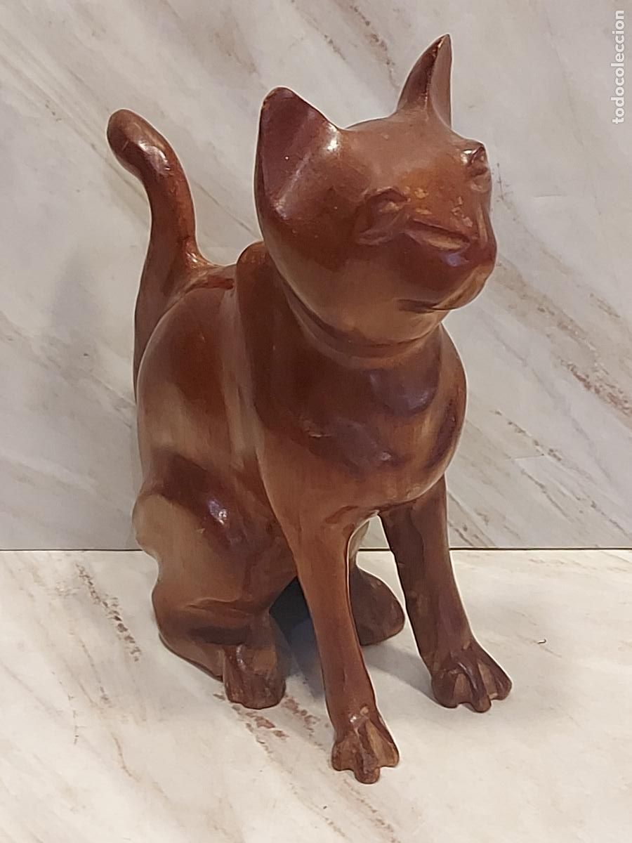 Arte: GATO DECORATIVO TALLADO EN MADERA / FIGURA 18 &times; 14 CM / BONITA PIEZA DE DECORACI&Oacute;N