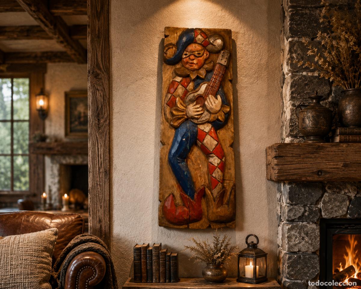 Arte: Relieve de Madera Tallada: Juglar/Arlequ&iacute;n con Guitarra, Firmada por Ercanic Elaia, 1975