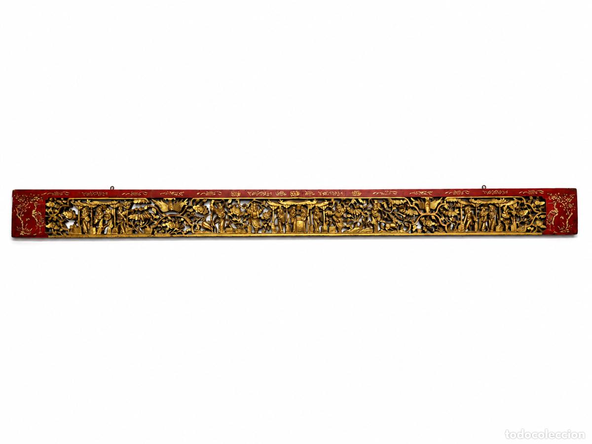Arte: Friso, Panel Arquitect&oacute;nico Decorativo, Dinast&iacute;a Qing, China - Talla de Madera Dorada - 2 Metros