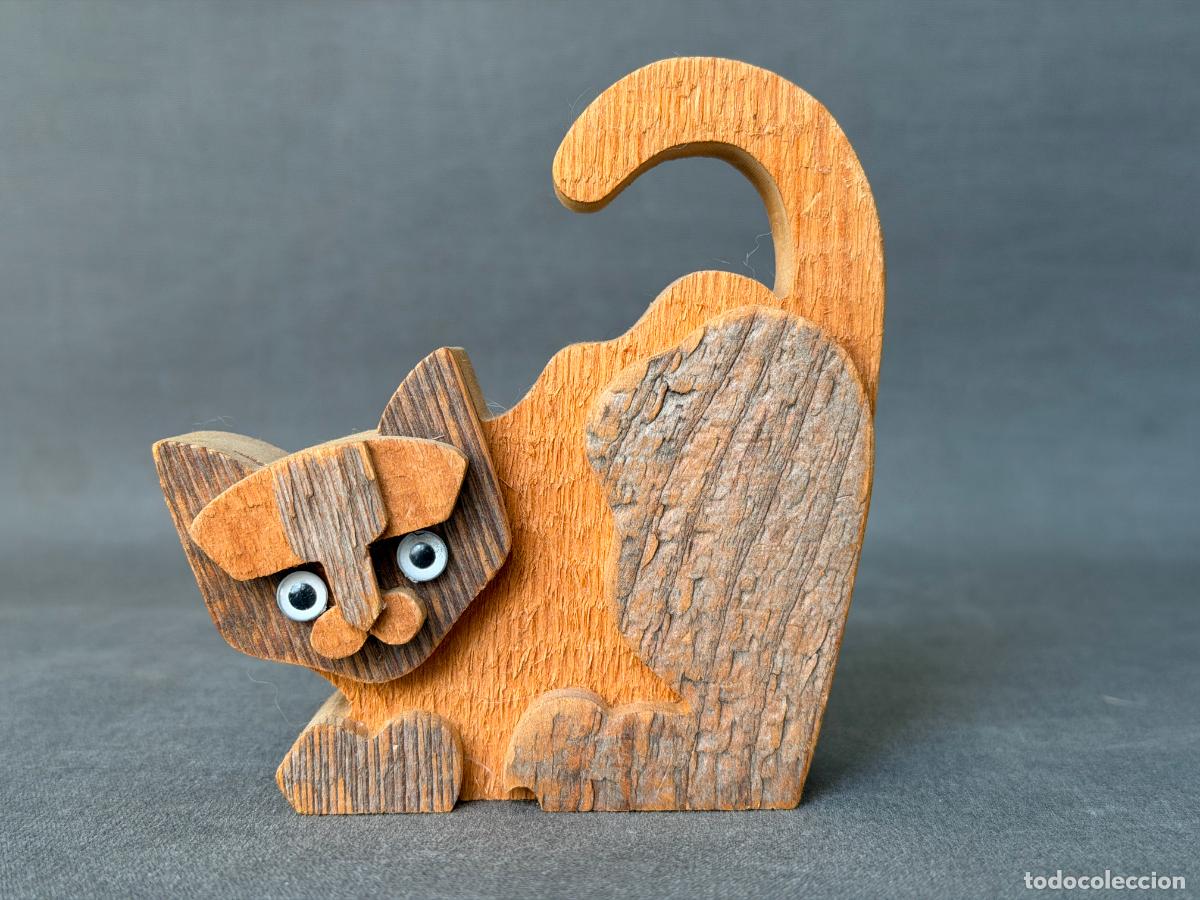 Arte: Gato escultura de madera Fausto Sangiovanni, Orvieto, Italia, ca. 1975, dise&ntilde;o italiano vintage,R782