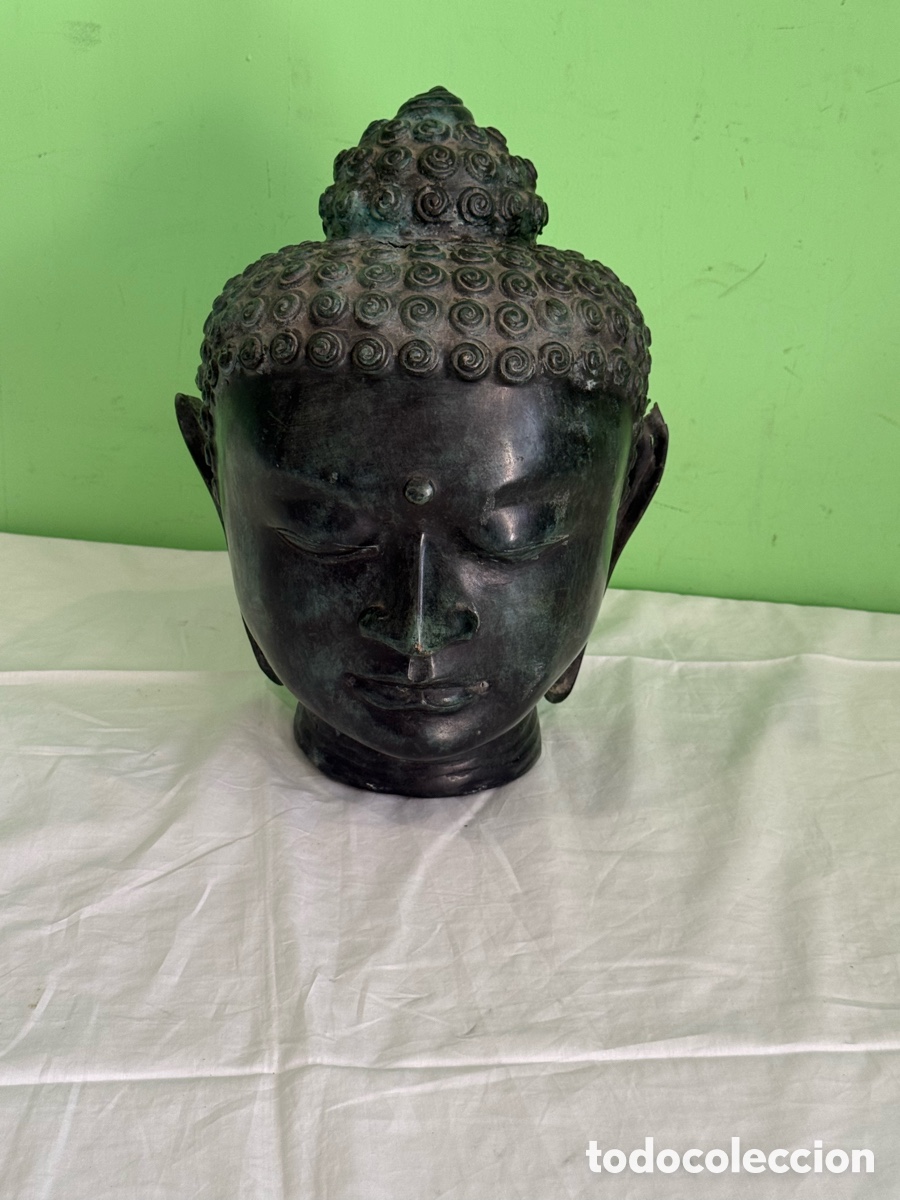 Arte: Cabeza de Buda de tama&ntilde;o real en bronce pavonado y patinado, siglo XX