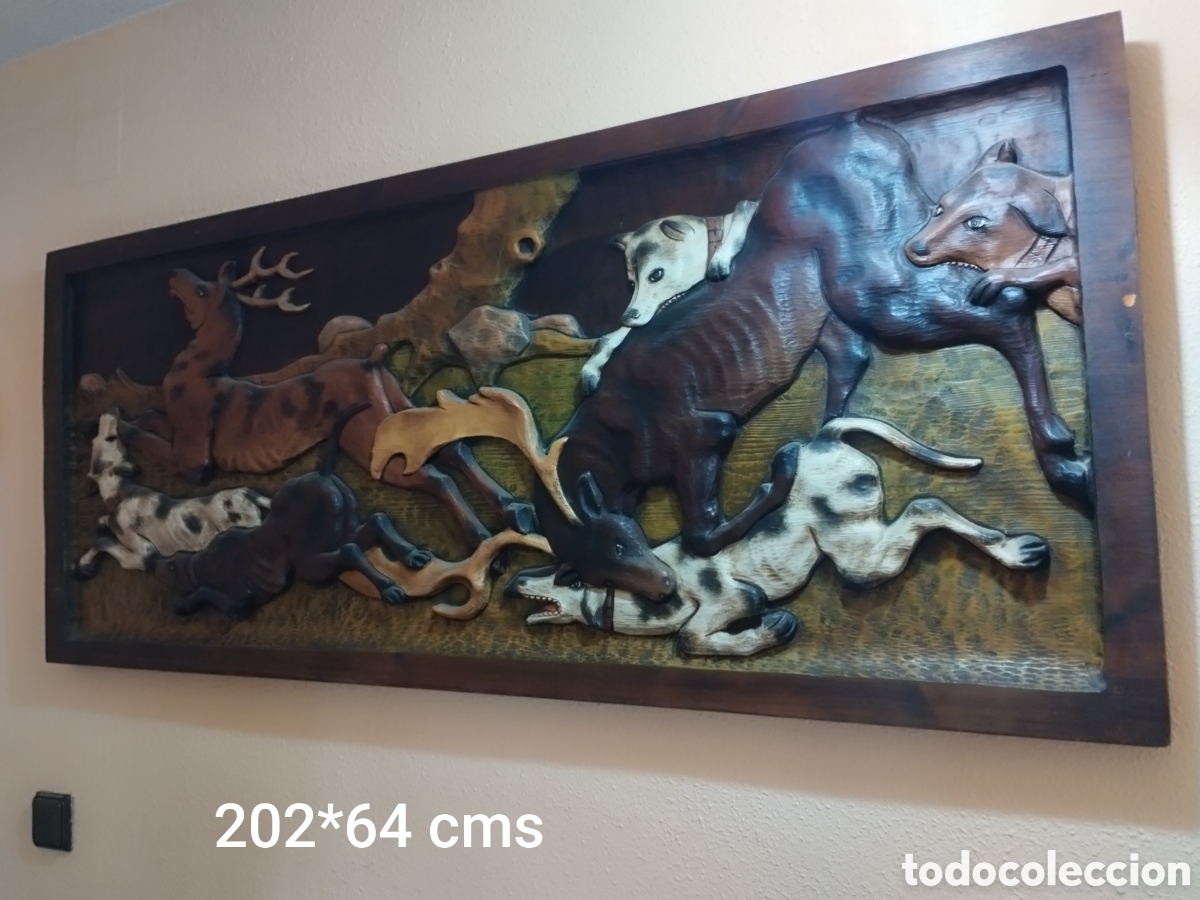 Arte: Gran cuadro mural tallado en madera &ndash; Escena de animales &ndash; 202 &times; 64 cm