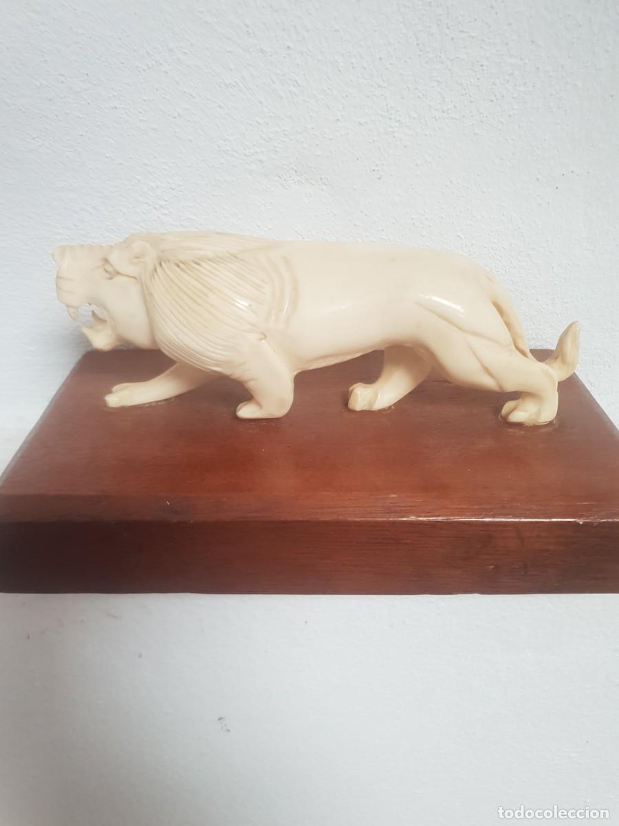 Arte: Figura antigua marfil leon con base de madera