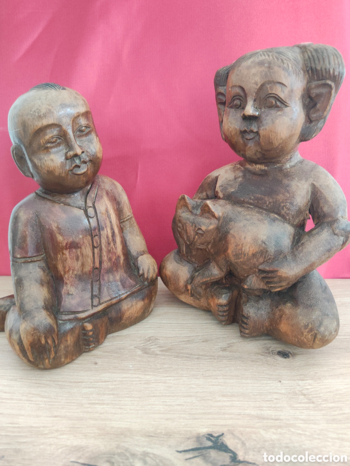 Arte: Lote 2 figuras buda madera tallada mano