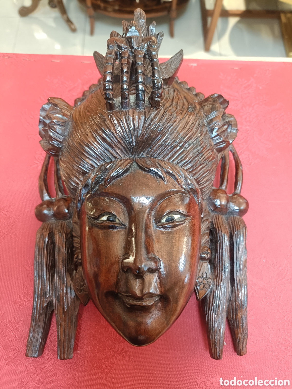 Arte: ANTIGUA MASCARA CHINA ELABORADA EN MADERA TALLADA A MANO. 26x18CM