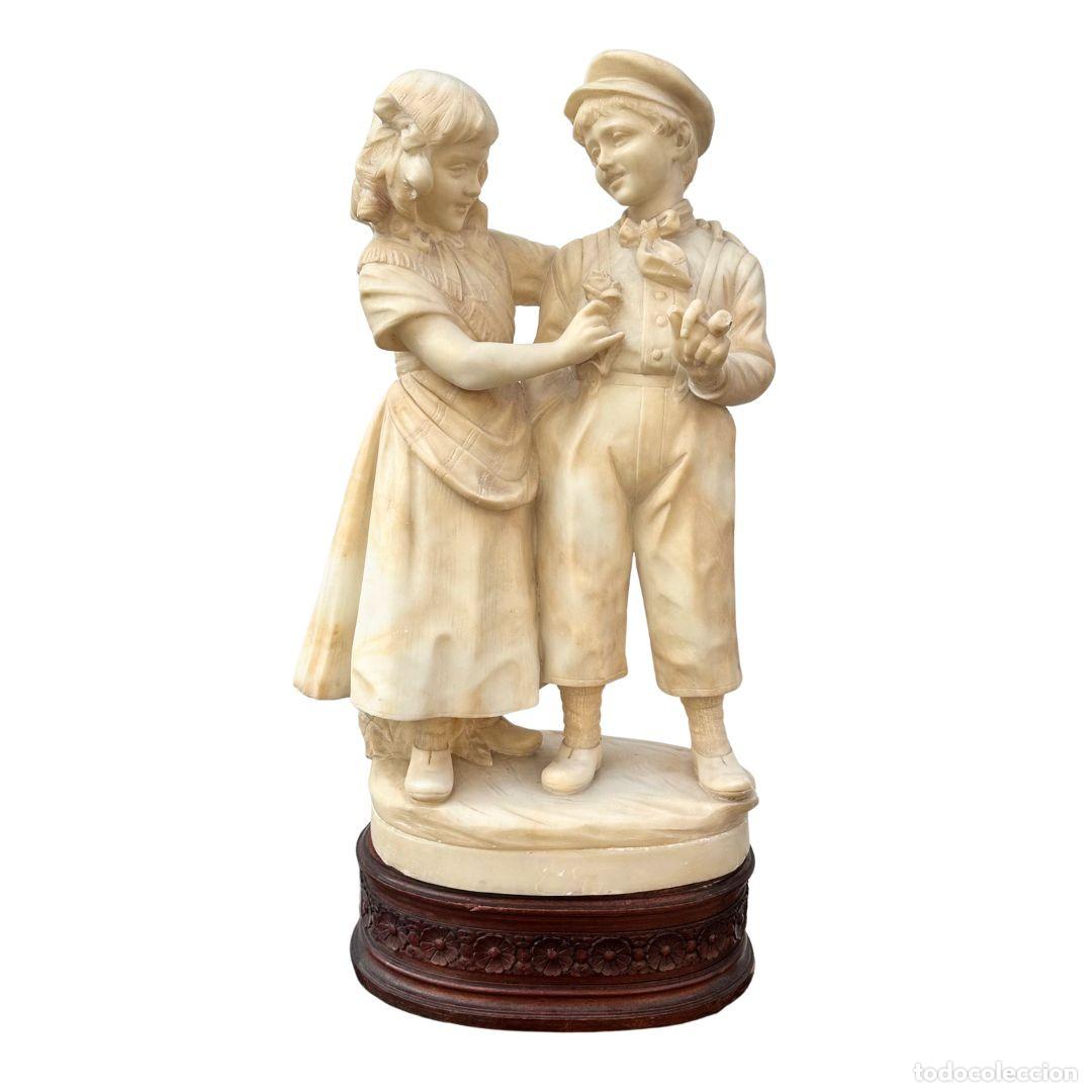 Art: Escultura &ldquo;Pareja infantil&rdquo;, alabastro, firmada Eugenio Battiglia, f. s. XIX &ndash; Italia