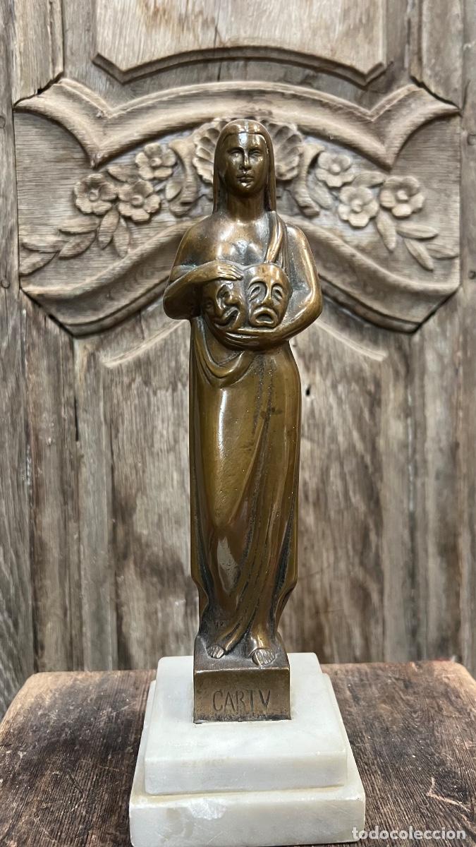 Arte: Figura bronce art d&eacute;co a&ntilde;os 30 musa teatro comedia tragedia Thal&iacute;a melpomene firma CARTV 28cms
