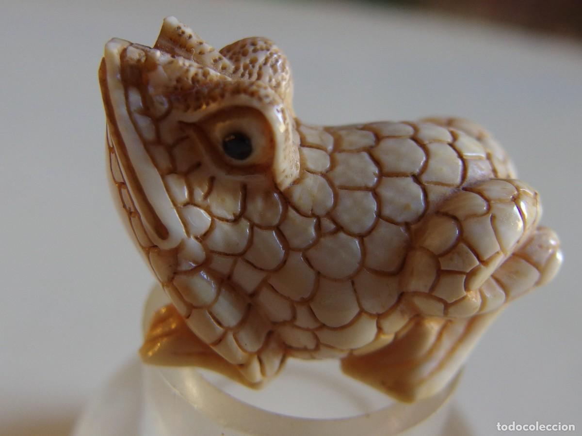 Arte: 4659 bello marfil netsuke bell&iacute;sima talla miniatura ranita firmada periodo meiji 1860