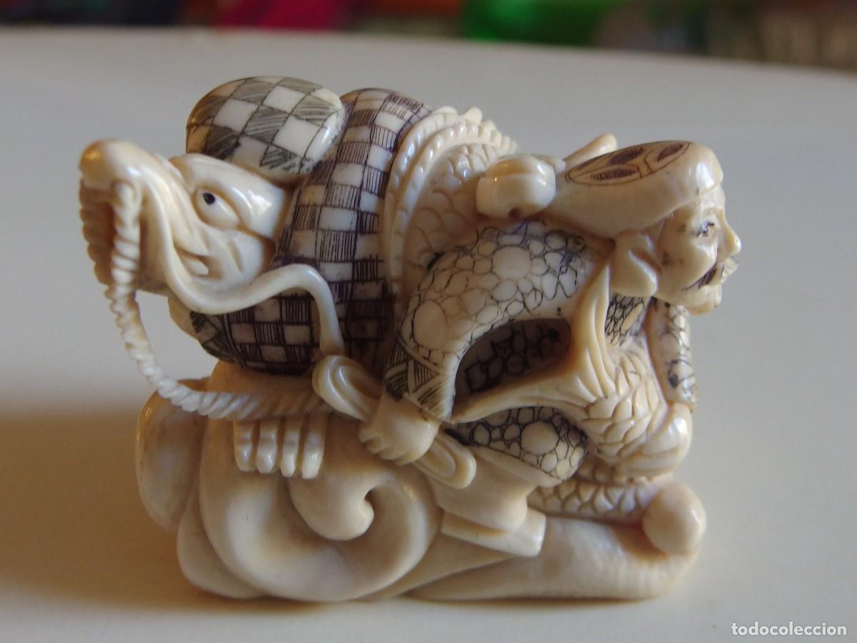 Arte: 4660 bello netsuke okimono marfil firmado dragon periodo meiji 1868