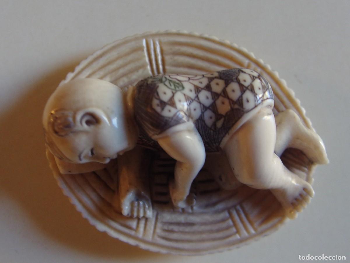 Arte: 4663 bell&iacute;simo netsuke okimono marfil infante bebe durmiendo periodo meiji 1868