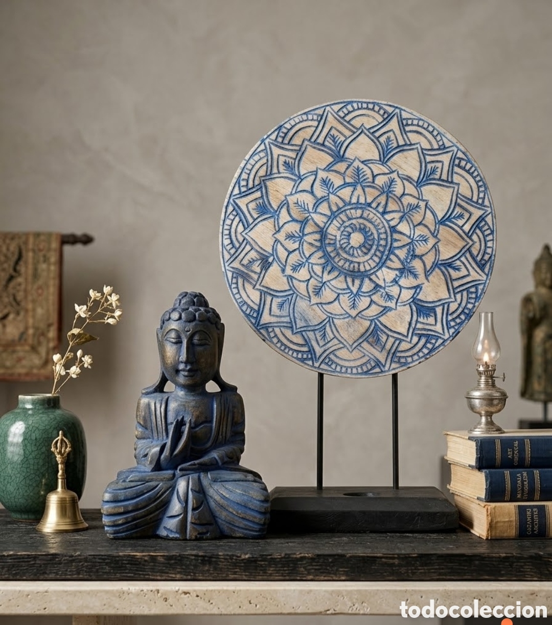 Arte: Pareja Escult&oacute;rica Oriental en Madera Tallada a Mano - Buda Meditando y Mandala Sunburst (48 cm)**
