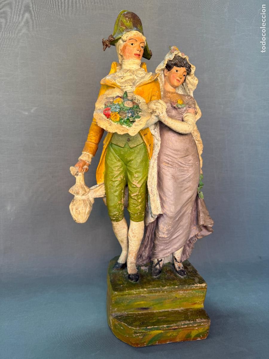 Arte: Pareja goyesca , barro malague&ntilde;o , S.XIX , M&aacute;laga , terracota , 60 cm.