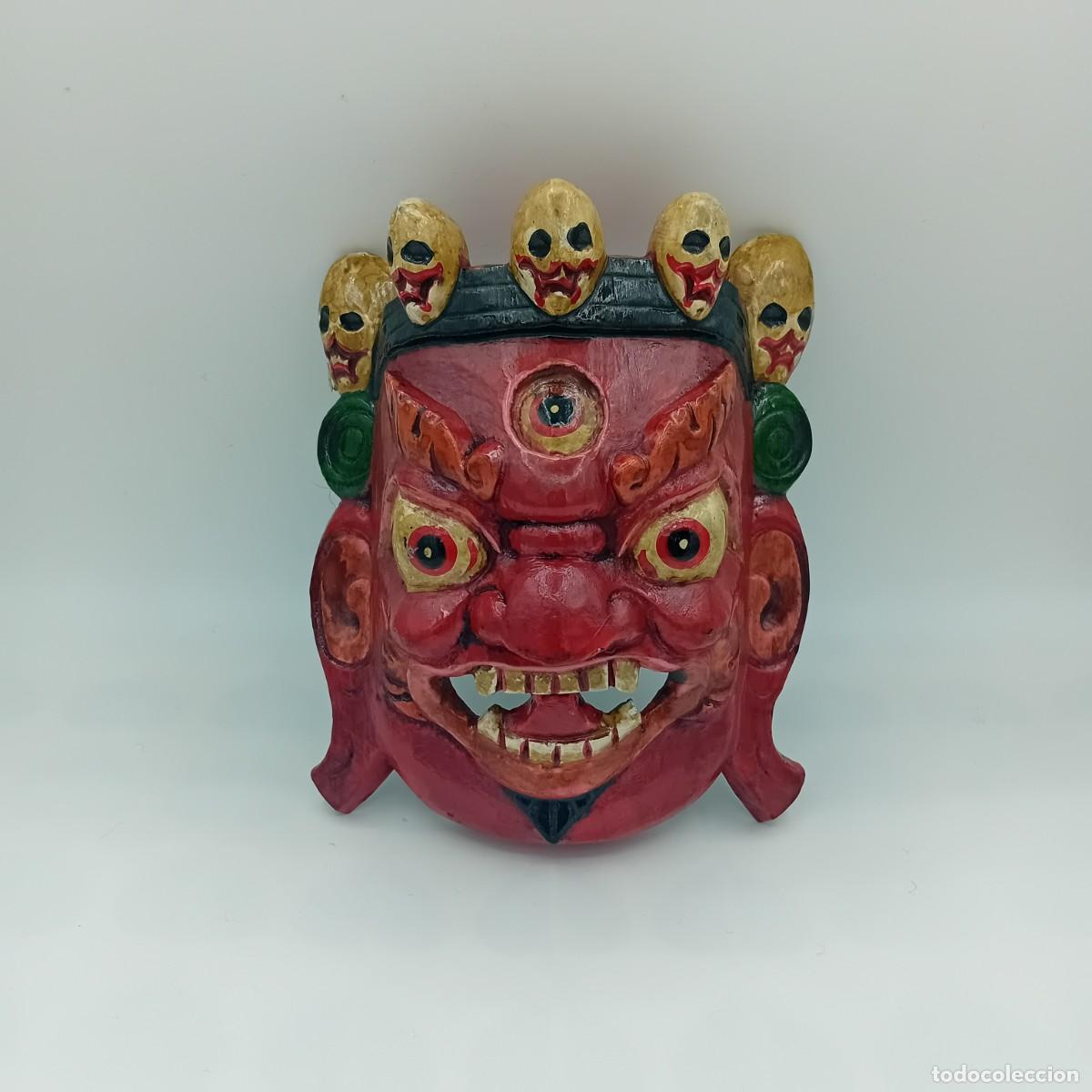 Arte: M&aacute;scara Mahakala Budista Madera Roja Nepal Tallada / Hand-Carved Red Wooden Mahakala Mask Nepal