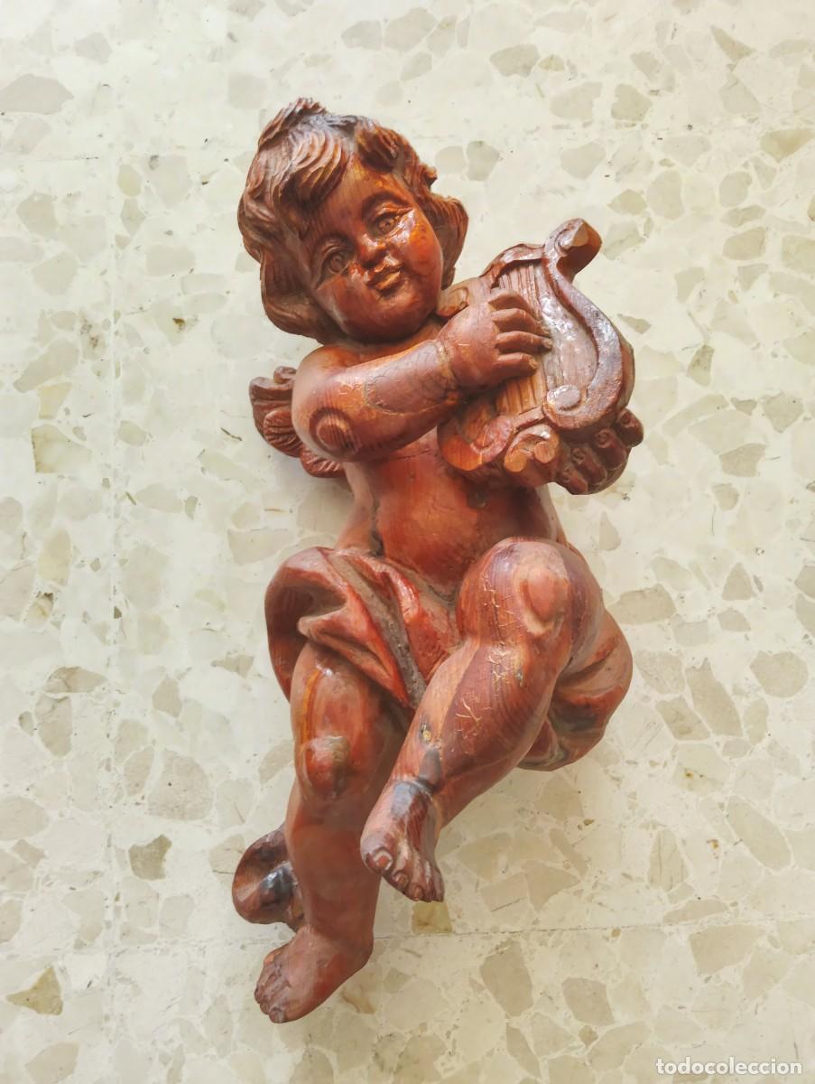 Arte: BONITO GRAN ANGELOTE / ANGEL MUSICO EN TALLA DE MADERA - ALTO : 48 CM