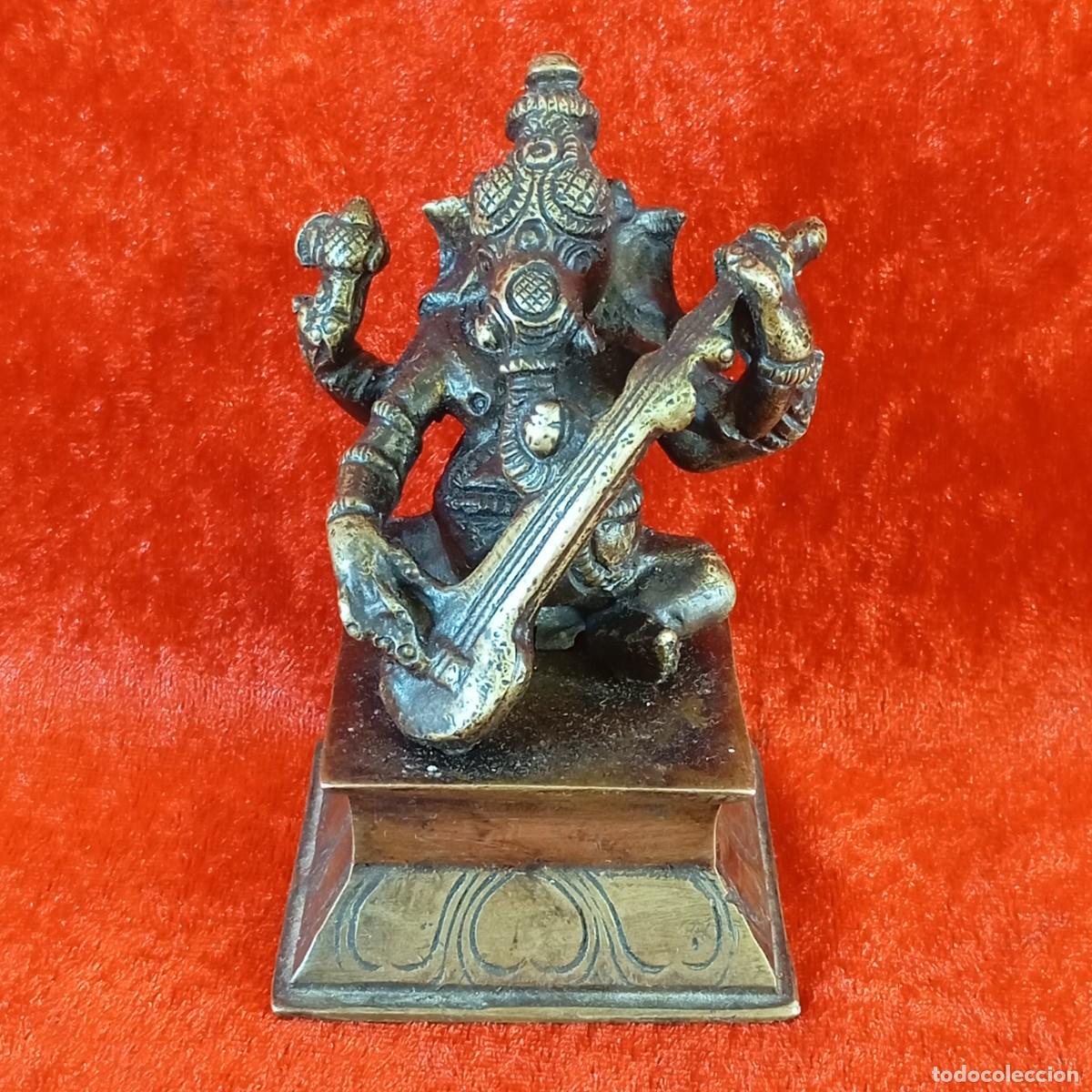 Arte: FIGURA DEL DIOS HIND&Uacute; LORD GANESHA TOCANDO UN INSTRUMENTO MUSICAL - BRONCE - 9,5 CM - RAR&Iacute;SIMA PIEZA