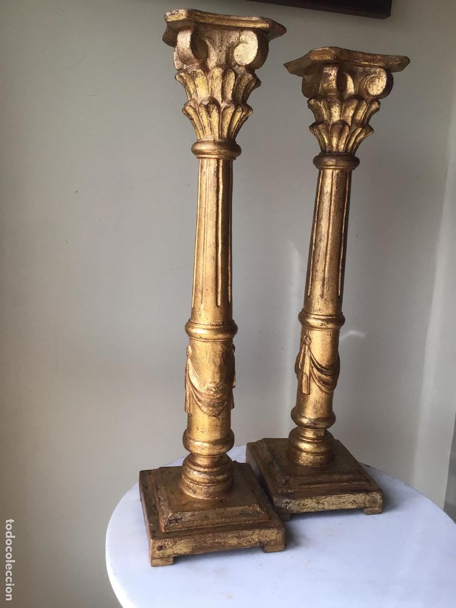 Arte: ANTIGUA PAREJA DE TALLAS EN MADERA SIGLO 19 , 2 GRANDES COLUMNAS DORADAS
