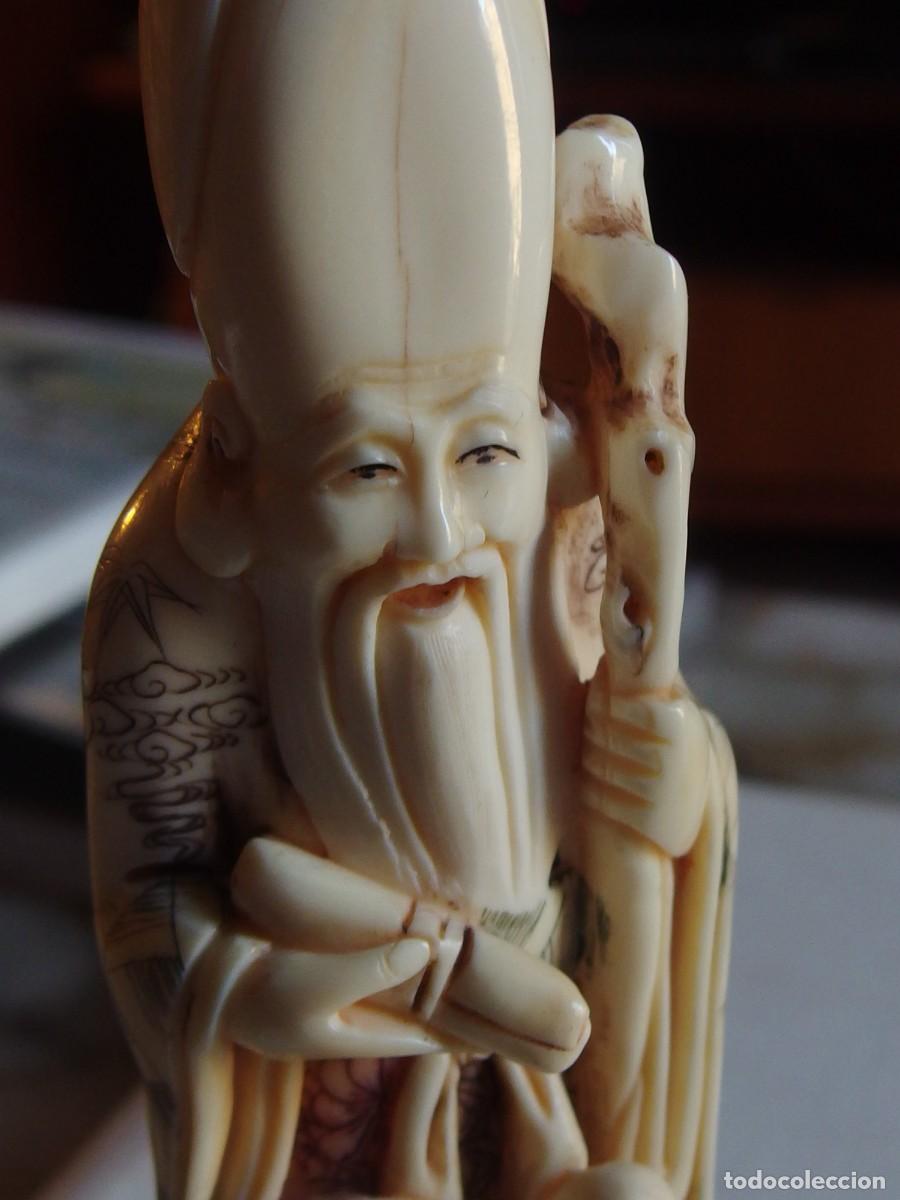 Arte: 4677 bello netsuke okimono Fukurokuju Dios de la fortuna firmado periodo meiji 1860