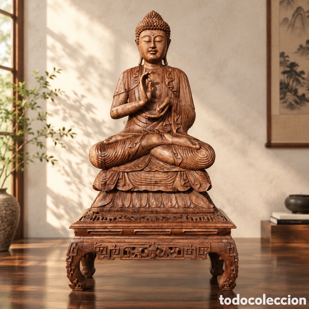 Arte: Escultura tallada en madera de un Buda sentado en postura de meditaci&oacute;n...