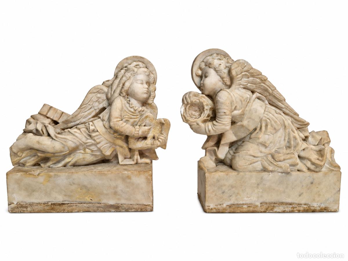 Arte: Pareja de Esculturas &Aacute;ngeles, Estilo Renacentista, Italia - Talla en Alabastro - S. XIX