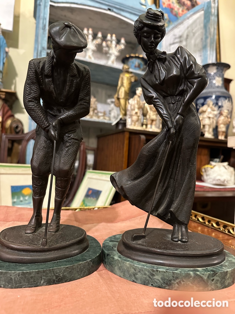 Art: Pareja esculturas bronce jugadores golf estilo antiguo 35 cms