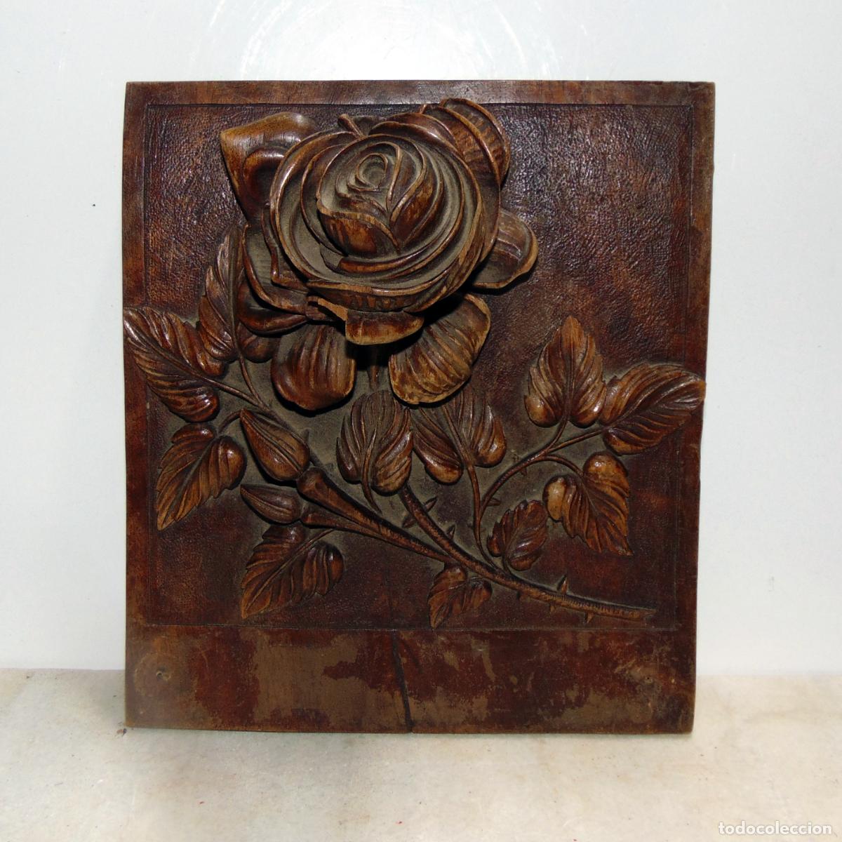 Arte: EXCELENTE RELIEVE DECORATIVO CUADRADO DE MADERA PERFECTAMENTE TALLADO DE ROSA, A&Ntilde;OS 30, 22x19,5CM
