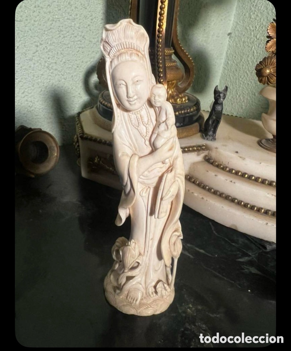 Arte: Marfil chino Guanyin (Kuan Yin) con ni&ntilde;o - la diosa de la misericordia,Siglo XX