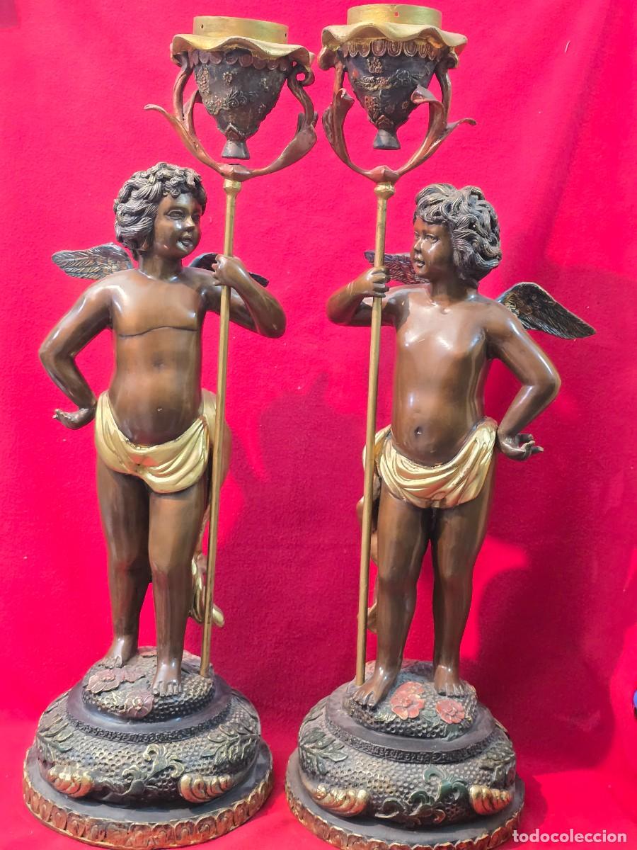 Arte: LOTE DOS FIGURAS DE ANGELES CON ANTORACHAS