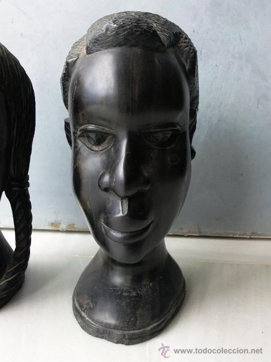 Arte: Pareja de cabezas talladas en madera de &eacute;bano. - Foto 2