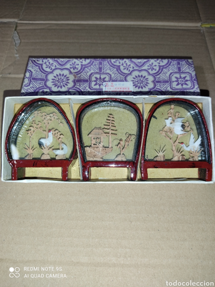 Kunst: Juego de dioramas orientales de madera y cristal,Vintage.