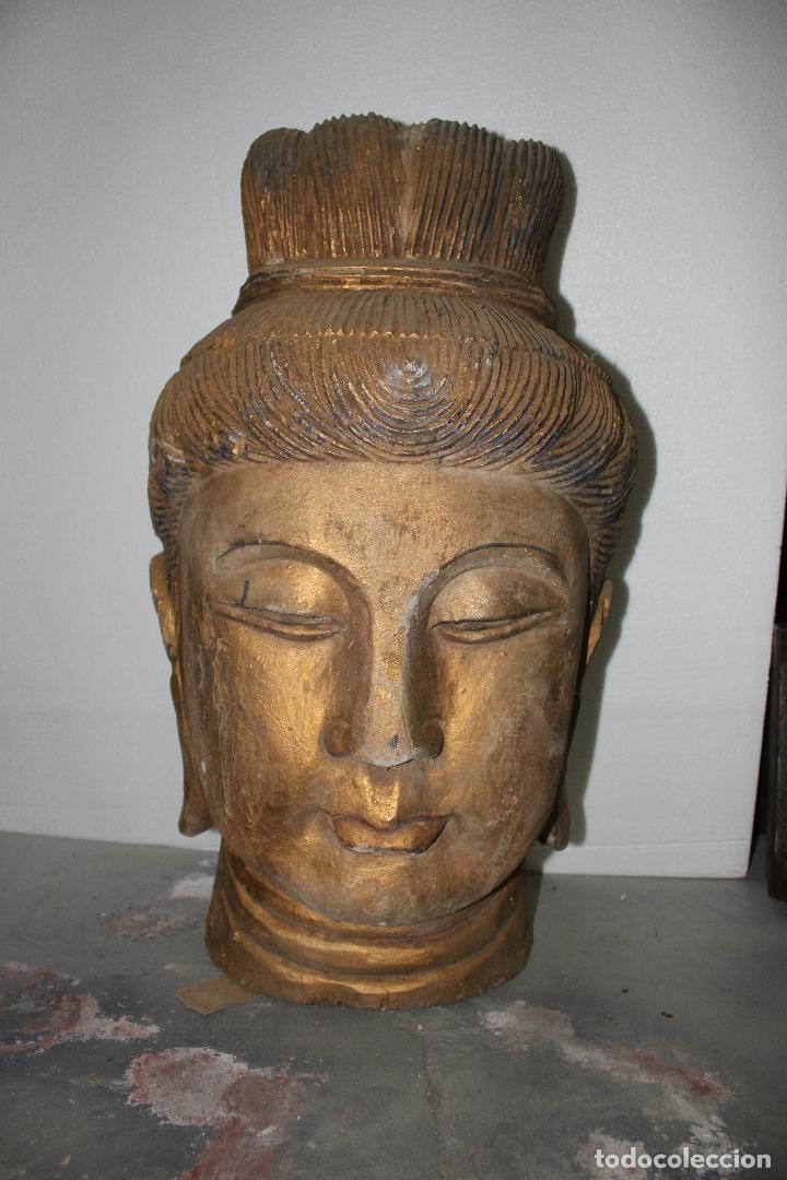 Arte: CABEZA GIGANTE DE BUDA EN MADERA - Foto 1