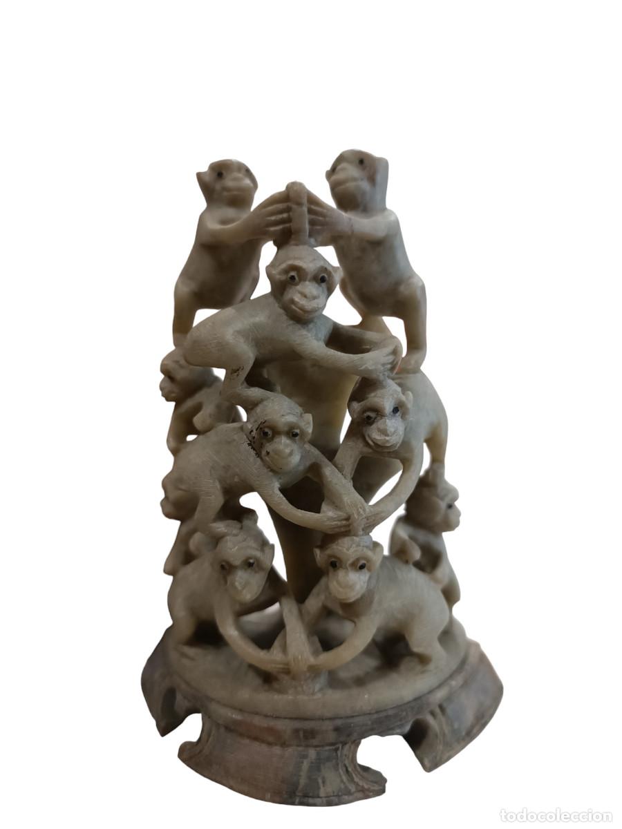 Espectacular talla china en piedra de jabon tipo jade monos chimpances