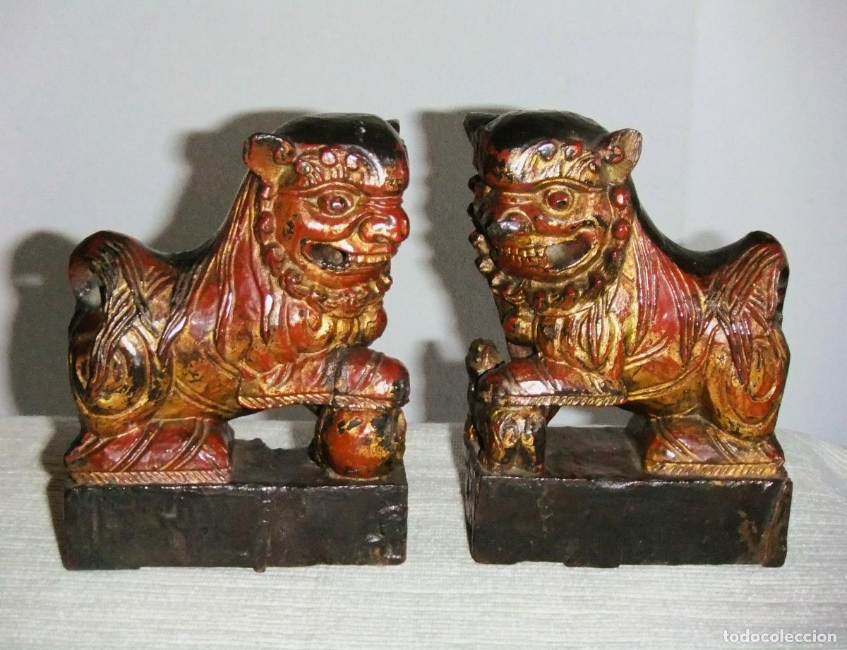 Arte: PERROS FOO DE MADERA POLICROMADA S.XIX CHINA - Foto 1